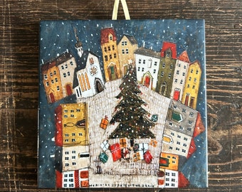 Ceramic tile, winter, snow, Christmas gifts, Christmas tree, art painting, artistic image