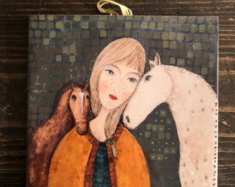 Girl with Horses Ceramic Tile, Art Painting, Childroom Decor