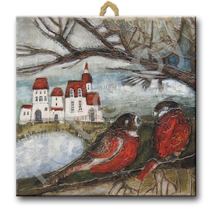 Ceramic tile, two bullfinches, childroom, art painting, artistic image