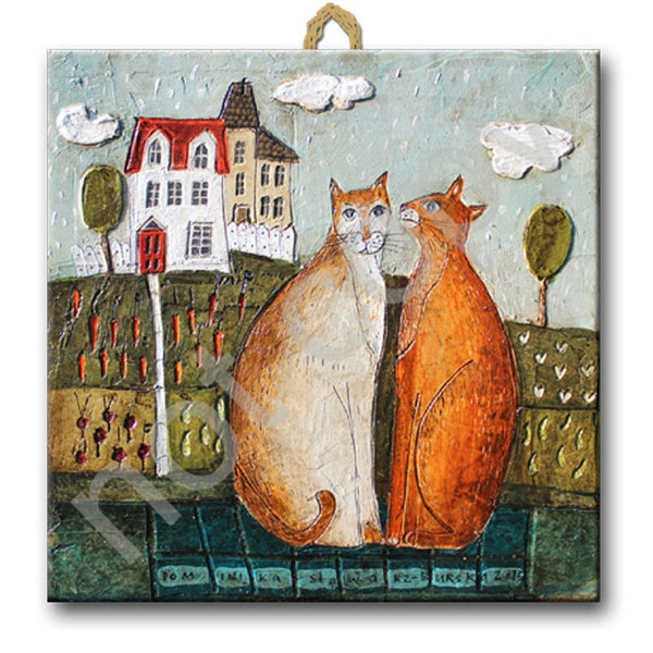 Ceramic tile, two Cats - white and redhead, childroom, art painting, artistic image