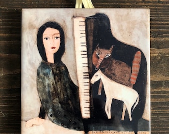 Ceramic tile, Girl at the piano and animals, childroom, art painting, artistic image