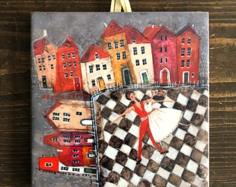 Ceramic tile, dancing couple, childroom, art painting, artistic image