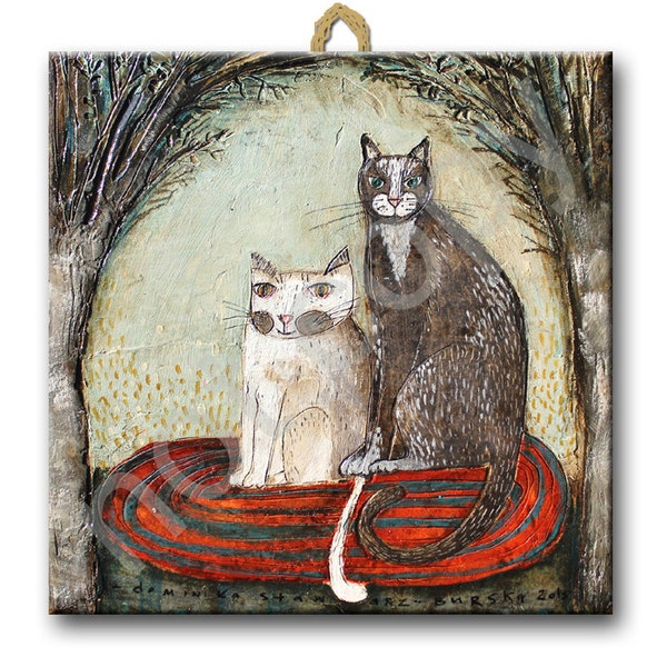Ceramic tile, two Cats - white and black, childroom, art painting, artistic image
