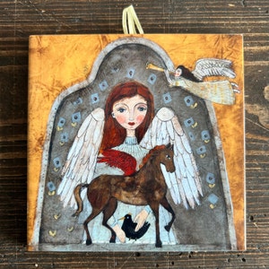 Ceramic tile, Angel with a winged horse, art painting, artistic image, gift, decorative picture