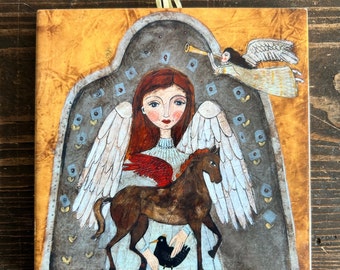 Ceramic tile, Angel with a winged horse, art painting, artistic image, gift, decorative picture