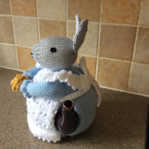 Hand knitted bunny tea cosy