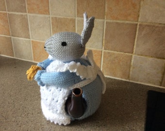 Hand knitted bunny tea cosy