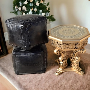 Set of 2 Moroccan pouf,Handcrafted black leather pouf with white stitching,