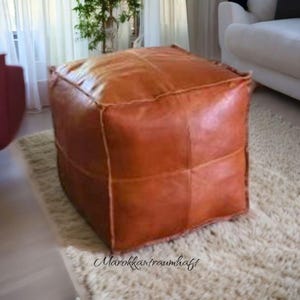 Square Leather Pouf .Tan Moroccan Pouf ,Amazing square Ottoman Pouffe, Moroccan leather, Square Pouf,Moroccan square Pouf