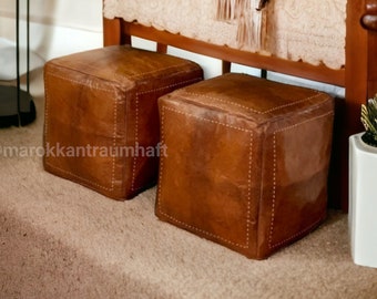 Delivered Stuffed,Set of 2 Moroccan pouf, leather pouf,Ottoman pouf, handmade puff, moroccan pouffe,Square Poufs,free shipping