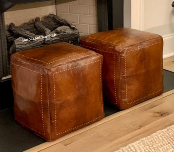 Offset Of 2 Poufs Square Pouf Leather, Square Leather Pouf
