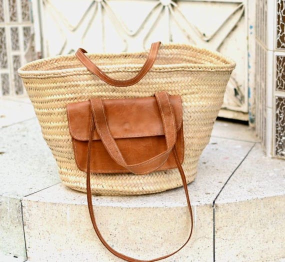 BOLSO DE PAJA Hecho a mano con cuero, Cesta de mercado francesa