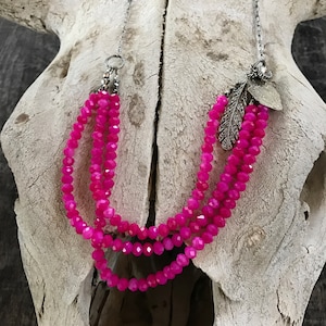 Multi strand pink glass beads and chain necklace