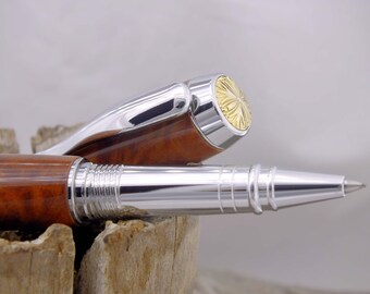 Redwood Burl Rollerball Pen with Chrome & Gold Hardware - Luxury gift - Gift for Dad, Mom, Boss, Graduation, Retirement - Collector Pen