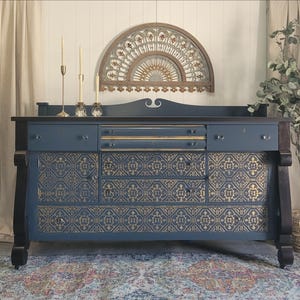 Antique Empire Buffet: Midnight Blue & Espresso, Crystal Knobs