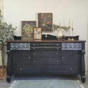 Antique Empire Buffet: Solid Wood, Satin Black Finish, Walnut stained top, Crystal Knobs