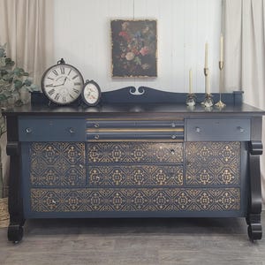 Antique Empire Buffet: Midnight Blue & Espresso, Crystal Knobs