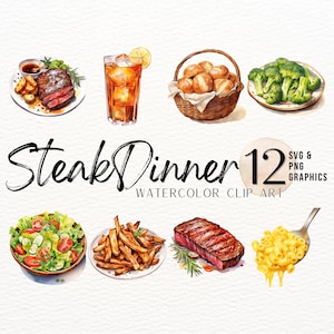 Steakhaus Aquarell ClipArt Bundle | Steak Abendessen Digitaler Download | Lebensmittel Bilder | Ofenkartoffel PNG | Sublimationsdesign | Steak SVG-Logo