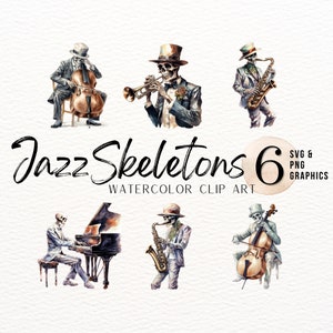 Jazz Skeletons Aquarelle ClipArt Bundle | Halloween PNG | Musicien SVG | Musique ClipArt | Graphiques effrayants | Conception de sublimation d’Halloween