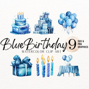 青い誕生日の水彩画のクリップアート バンドル | 青いケーキ PNG | 段になった青いケーキ SVG | 誕生日パーティーのグラフィック | 男の子の誕生日 | 商用利用