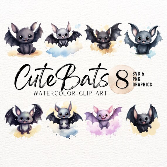 Bat Watercolor ClipArt Bundle | Cute Bat PNG | Not Scary Halloween SVG | Flying Bats ClipArt | Fall Graphics | Gothic Nursery Art | Kids PNG