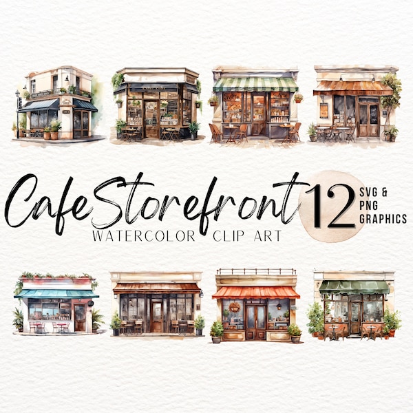 Café Storefront Watercolor ClipArt Bundle | Bakery PNG | Coffee Shop SVG | Café Graphics | Menu Images | Commercial Use | Junk Journal PNG