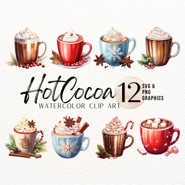 Hot Chocolate Watercolor ClipArt | Christmas SVG | Cocoa PNG | Coffee Graphic | Holiday Food Graphics | Winter Art Print | Commercial Use