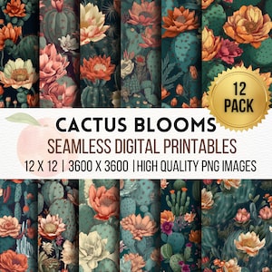 Cactusbloem naadloze patroonbundel | Bloem afdrukbaar | Naadloos digitaal papier | Achtergrond | Cactuskunstafdruk | Sublimatie ontwerp PNG