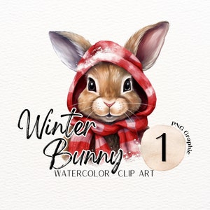 Clipart aquarelle lapin d'hiver | Graphique de lapin de Noël | Météo de neige PNG | Châle rouge dans la neige PNG | Utilisation commerciale | Conception par sublimation