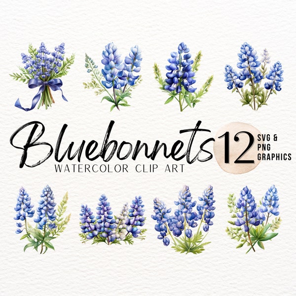Texas Bluebonnet Watercolor ClipArt Bundle | Floral PNG Graphic | Wildflower SVG Image | Sublimation Design | State Flower Art Print Decor