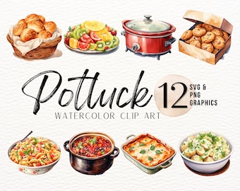 Potluck ClipArt Bundle | Watercolor Food | Casserole Image | Crockpot PNG | Chili Pot | Cupcake Clipart | Bundt Cake PNG | Commercial Use