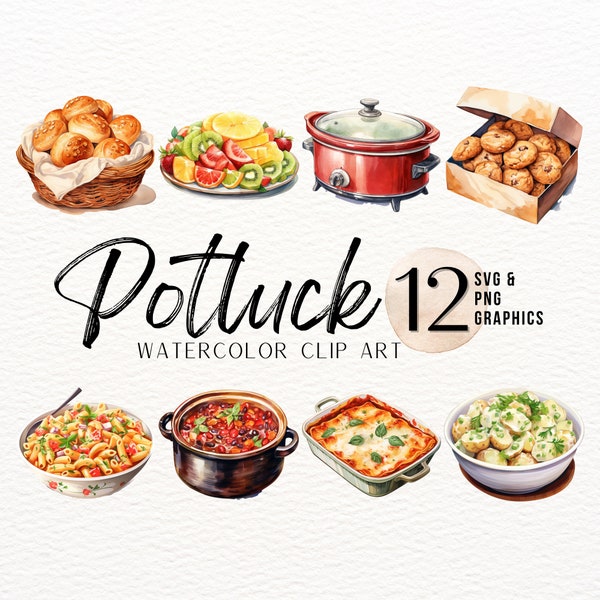 Potluck ClipArt Bundle | Watercolor Food | Casserole Image | Crockpot PNG | Chili Pot | Cupcake Clipart | Bundt Cake PNG | Commercial Use