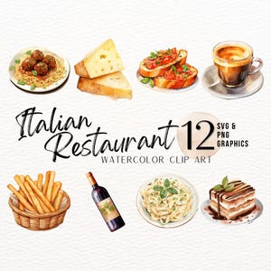Pacote de clipart de aquarela de restaurante italiano | Pacote gráfico de espaguete e almôndegas | Queijo e vinho SVG | Imagem de tiramisu | Sublimação de alimentos