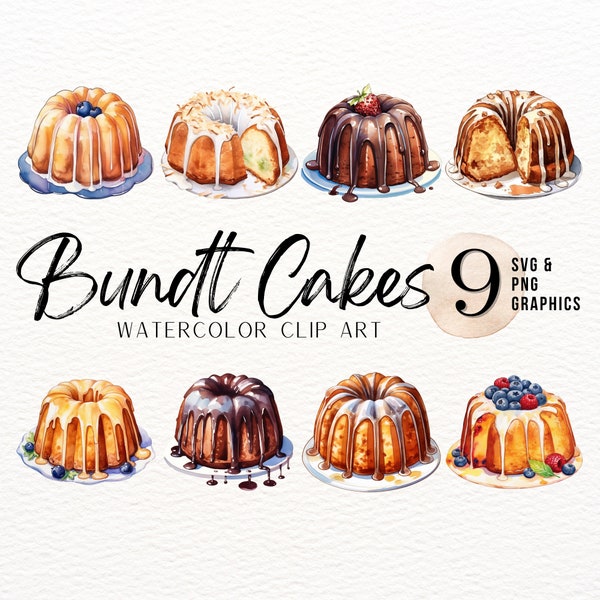 Bundt Cake Watercolor ClipArt | Cake SVG | Bakery PNG | Baked Good Graphic | Dessert Image | Bake Sale Graphic | Commercial Use | Bakery PNG
