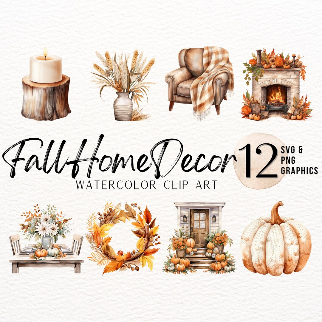 Fall Decor Watercolor Clipart Bundle | Knit Pumpkin PNG | Candle SVG ...