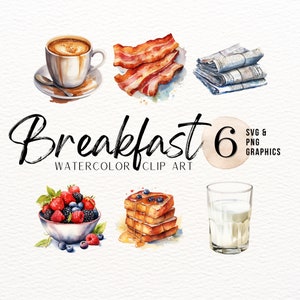 Pacchetto ClipArt ad acquerello per la colazione / ClipArt per il caffè / PNG della domenica mattina / PNG del toast alla francese / SVG del latte / ClipArt per il bacon / ClipArt per il brunch