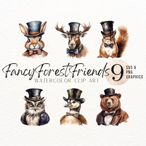 Bos dieren aquarel illustraties | Bunny-svg | Beer, png-bestand | Woodland Creature-uitnodigingsafbeelding | Schattige dieren in kleding Kinderkamerdecoratie