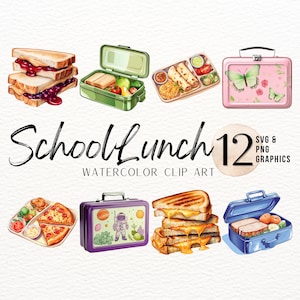 Schoollunch aquarel ClipArt-bundel | Lunchbox, png-bestand | Burrito-lunch SVG | Voedselclipart | Pizzaafbeeldingen | Schoollunch dienblad ClipArt