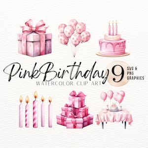 Lot de cliparts aquarelle anniversaire rose | Gâteau rose PNG | Gâteau rose étagé SVG | Graphiques de fête d'anniversaire | Anniversaire fille | Utilisation commerciale