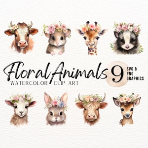 Arte de clipe de aquarela de animal fofo | Coelho SVG | Vaca das Terras Altas PNG | Gráfico animal da coroa da flor | Girafa com decoração de berçário de flores | Cópia da arte