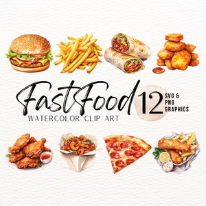 Comida rápida acuarela ClipArt / Pizza SVG / Hamburguesa PNG / Gráfico de nuggets de pollo / Gráfico de comida frita / Uso comercial / Gráficos de menú