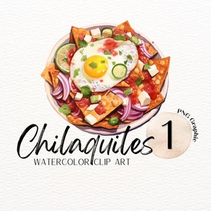 Chilaquiles Acuarela ClipArt / Brunch SVG / Desayuno Mexicano PNG / ClipArt de Comida / Gráfico de Huevo Frito / Imagen de Comida Mexicana / Uso Comercial