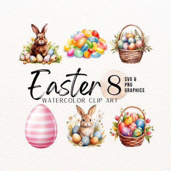 Easter Watercolor ClipArt Bundle | Easter Bunny PNG | Easter Candy Basket SVG | Easter Eggs ClipArt | Dyed Eggs Graphics | Jelly Beans PNG
