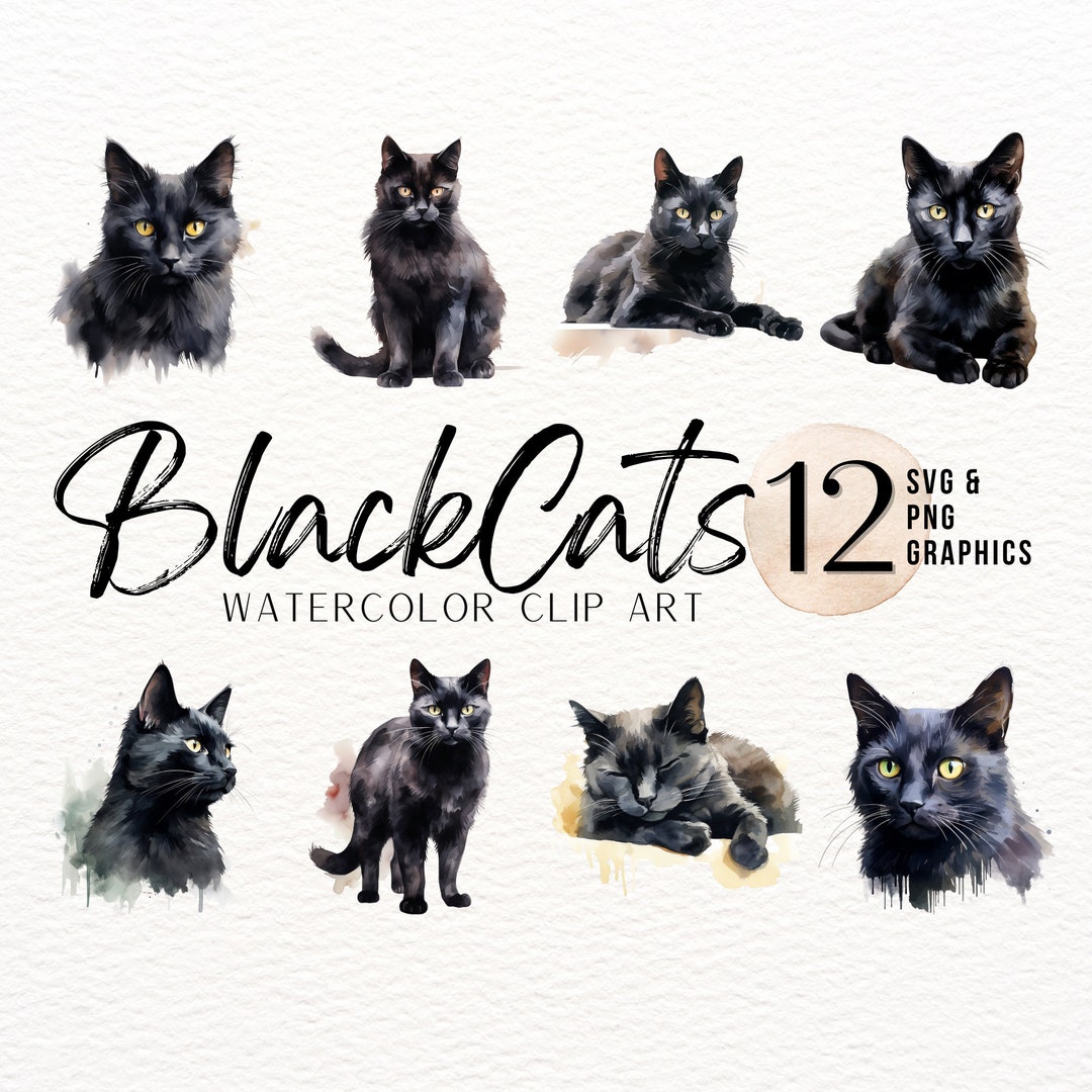 Black Cat Watercolor Clip Art | Cat SVG | Kitten PNG | Halloween Cat ...