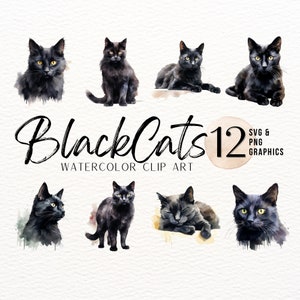 Black Cat Watercolor Clip Art | Cat SVG | Kitten PNG | Halloween Cat Sublimation Design | Fur Baby Junk Journal Graphics | Instant Download