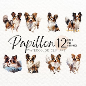 Papillon acuarela ClipArt / Perro SVG / Cachorro PNG / Diseño de mejor amigo del hombre / Gráficos de sublimación de perro cachorro mariposa / Imágenes de diario basura