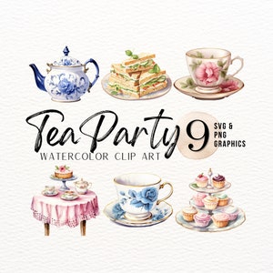 Pacote de clipart em aquarela Tea Party | Gráfico PNG floral | Imagem SVG de festa de aniversário | Design de sublimação de primavera | Decoração de impressão de arte de berçário