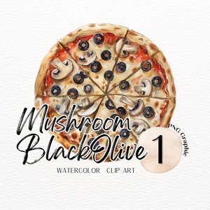 Pilz Schwarz Olive Pizza Aquarell ClipArt | Lebensmittel Grafik PNG | Italienisches Essen PNG | Kommerzielle Nutzung | Lebensmittel Kunst | Restaurant Menü Graphik