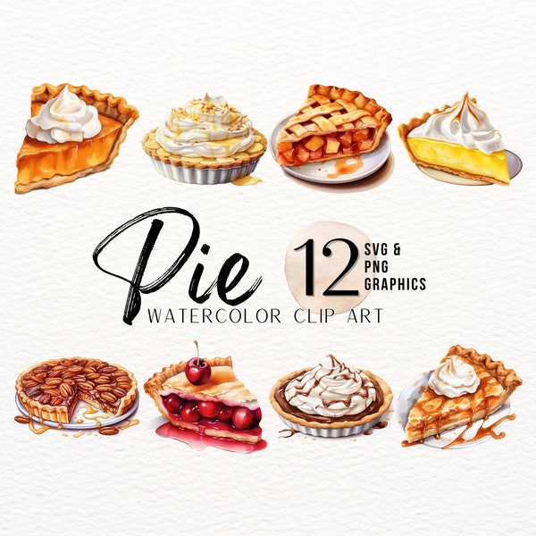 Watercolor Pie Slices ClipArt Bundle | Pumpkin Pie Graphic | Dessert Bakery PNG | Cherry Pie SVG | Chocolate Cream Clipart | Lemon Meringue