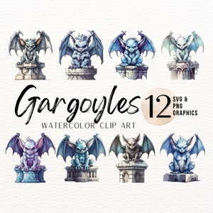 Gargoyle Watercolor ClipArt Bundle | Uroczy potwór PNG | Wesołego Halloween SVG | Jesienny ClipArt | Straszna grafika | Upiorny dziennik śmieci sezonu